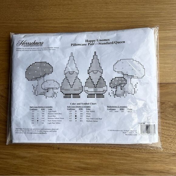 Happy Gnomes Pillowcase Pair and Dresser Scarf Cross Stitch Herrshners NEW - Picture 3 of 6